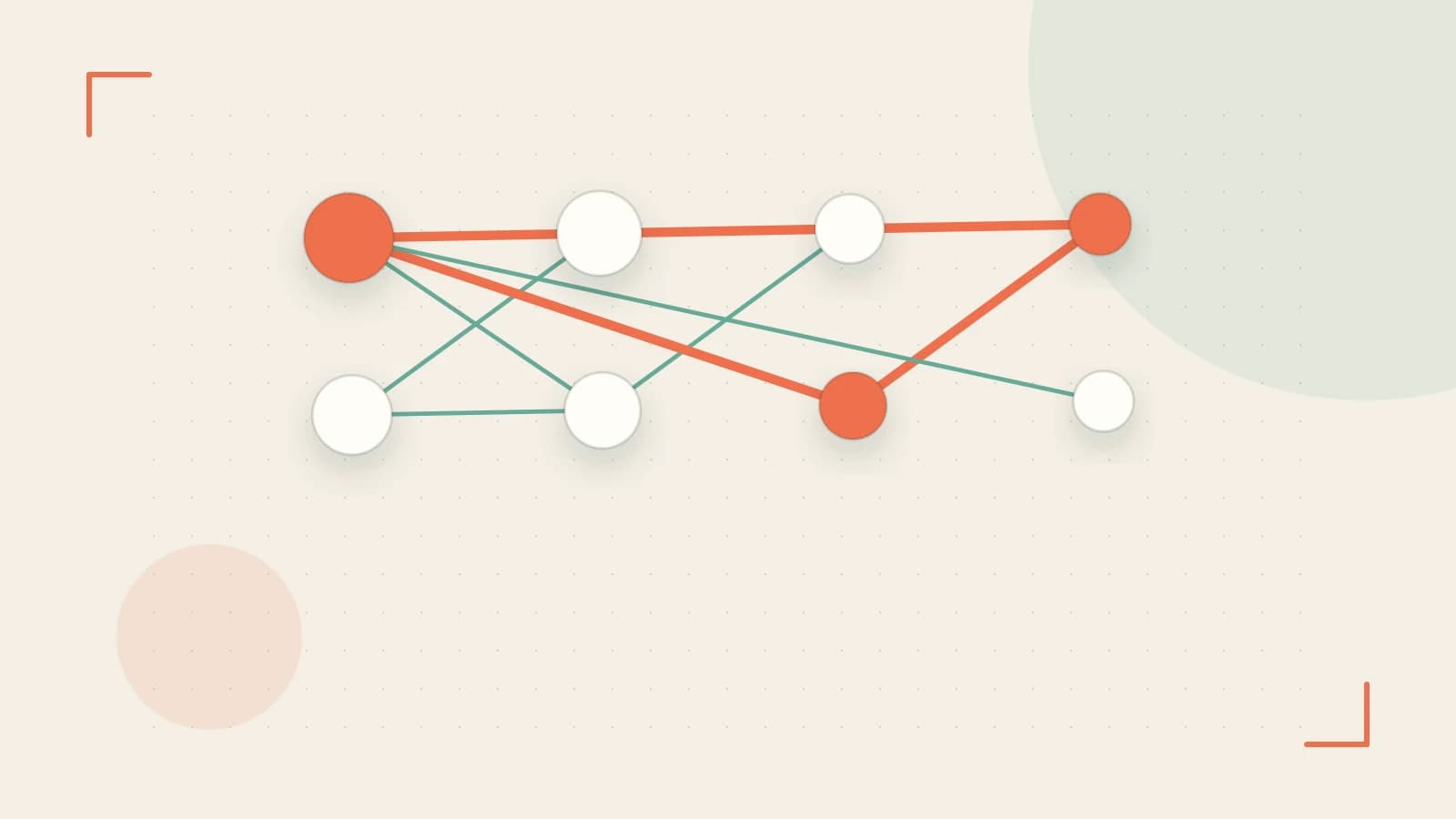Editorial illustration of an algorithmic node graph with branching paths and a highlighted result