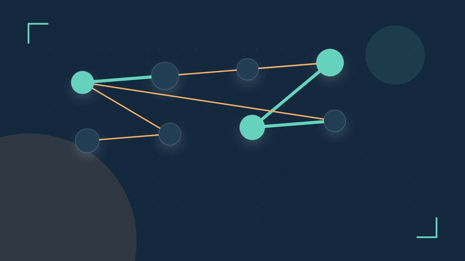 Editorial illustration of an algorithmic node graph with branching paths and a highlighted result