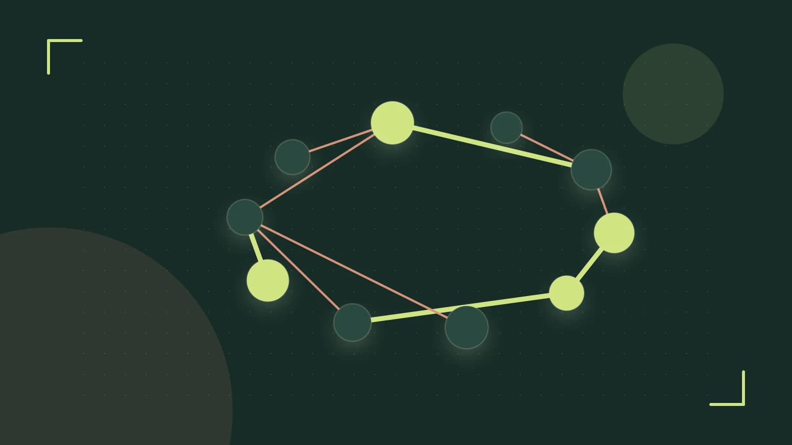 Editorial illustration of an algorithmic node graph with branching paths and a highlighted result