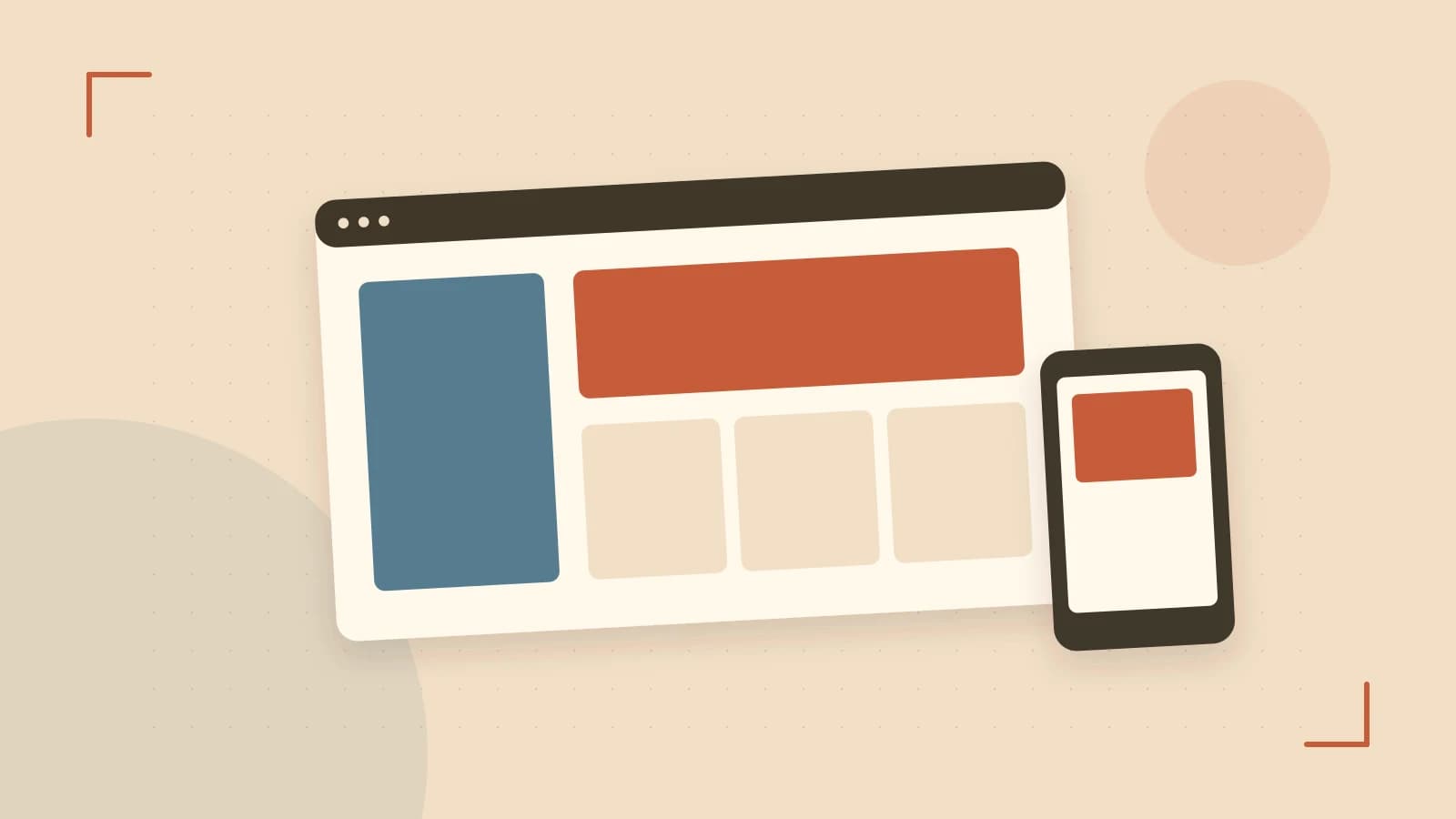 Editorial illustration of responsive browser layouts, overlapping design components and a color system