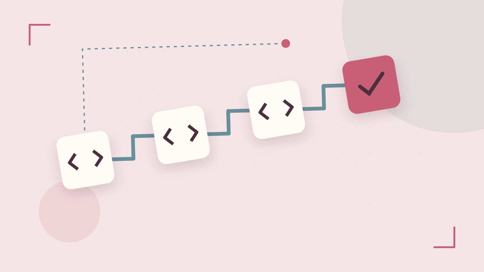 Editorial illustration of a branching build pipeline, staged transformations and a completed check
