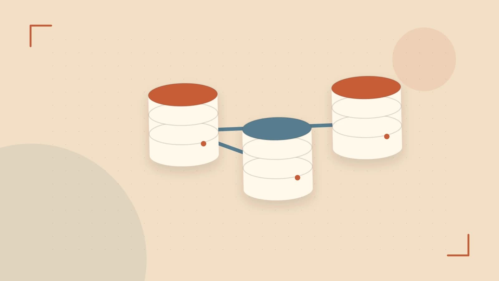 Editorial illustration of structured records, database cylinders and relationships between tables
