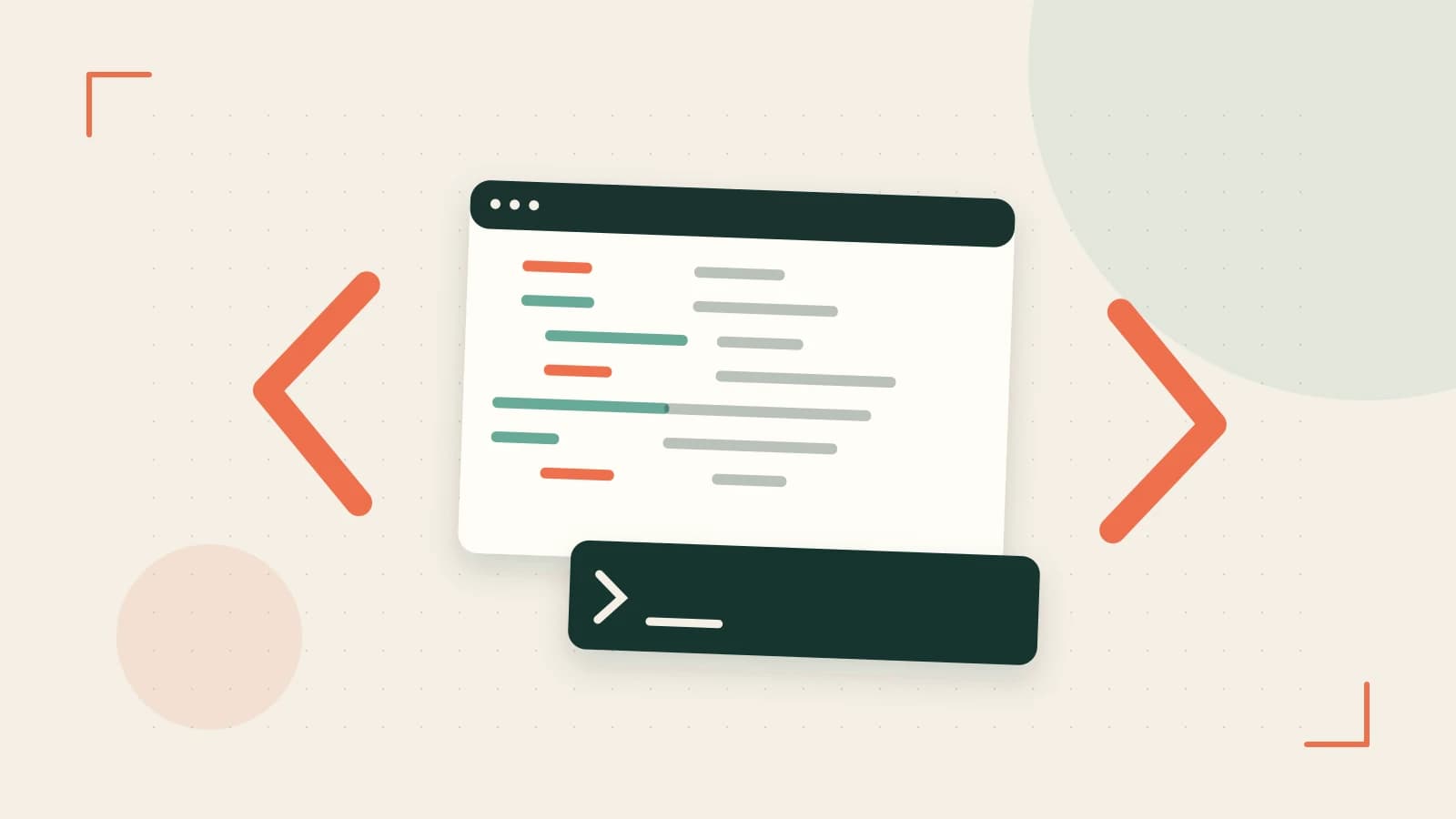 Editorial illustration of an abstract code editor, syntax blocks and oversized programming brackets