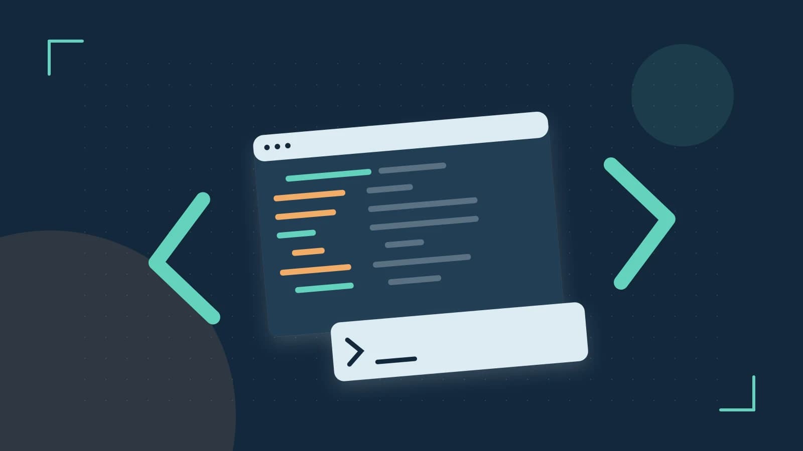 Editorial illustration of an abstract code editor, syntax blocks and oversized programming brackets