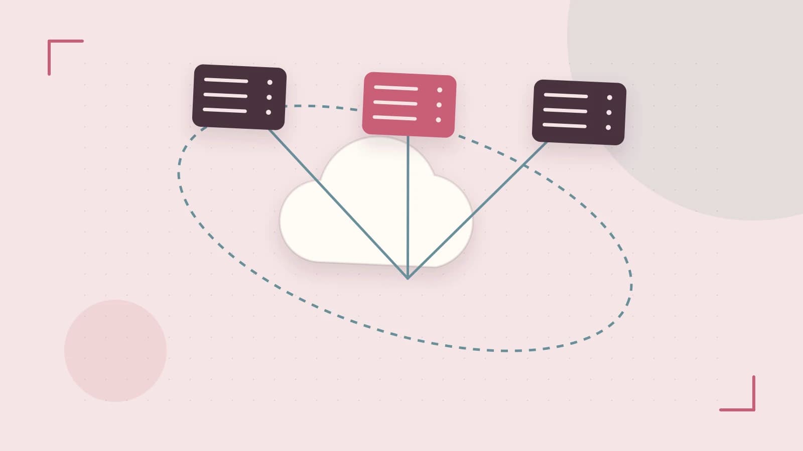 Editorial illustration of cloud infrastructure, connected server racks and an orbital service map