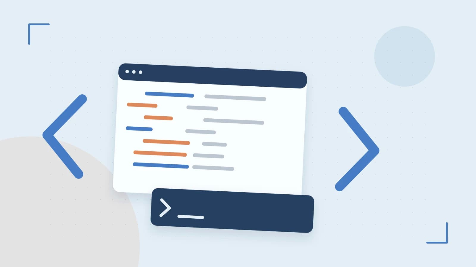 Editorial illustration of an abstract code editor, syntax blocks and oversized programming brackets