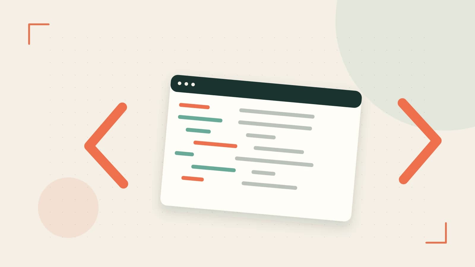 Editorial illustration of an abstract code editor, syntax blocks and oversized programming brackets