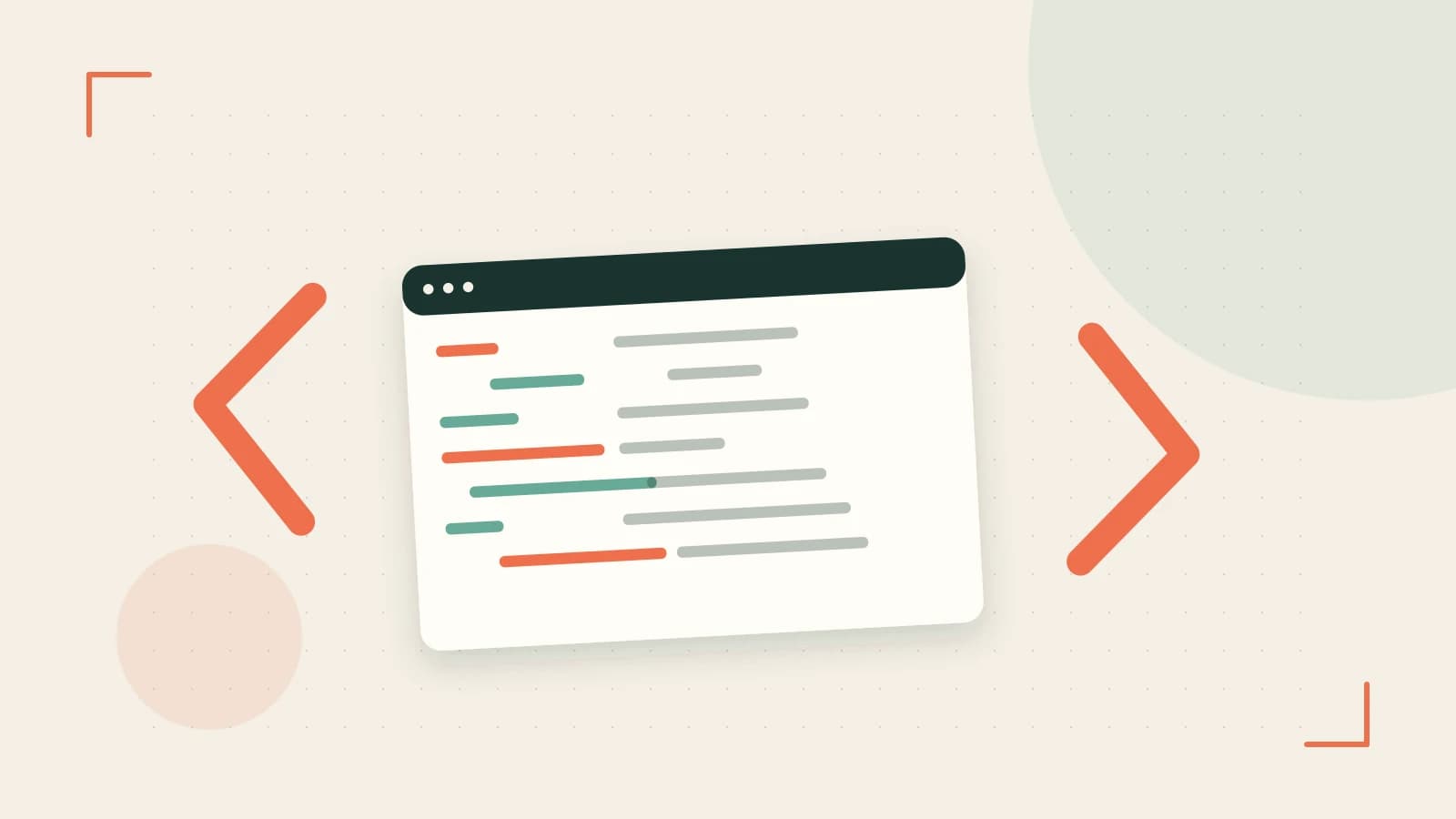 Editorial illustration of an abstract code editor, syntax blocks and oversized programming brackets