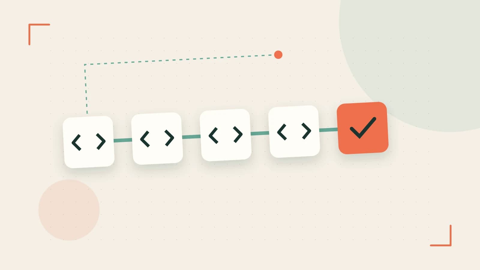 Editorial illustration of a branching build pipeline, staged transformations and a completed check