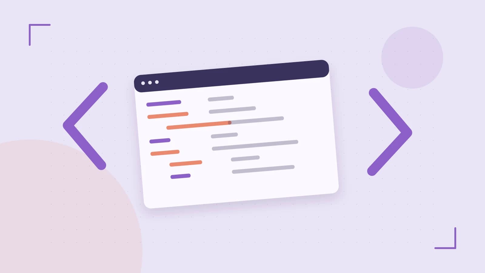 Editorial illustration of an abstract code editor, syntax blocks and oversized programming brackets