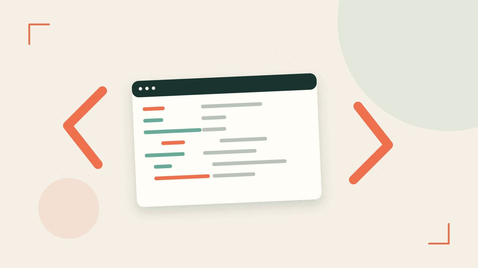 Editorial illustration of an abstract code editor, syntax blocks and oversized programming brackets