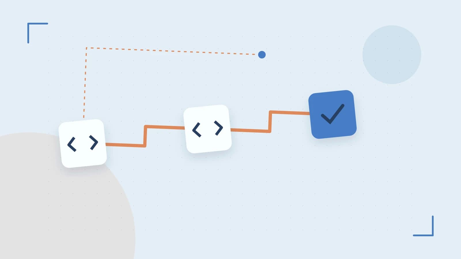 Editorial illustration of a branching build pipeline, staged transformations and a completed check