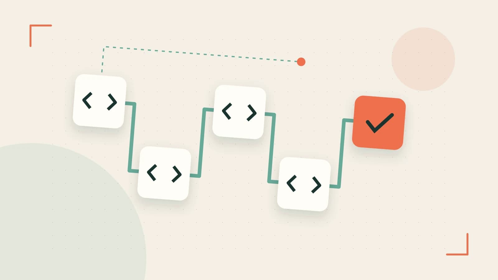 Editorial illustration of a branching build pipeline, staged transformations and a completed check