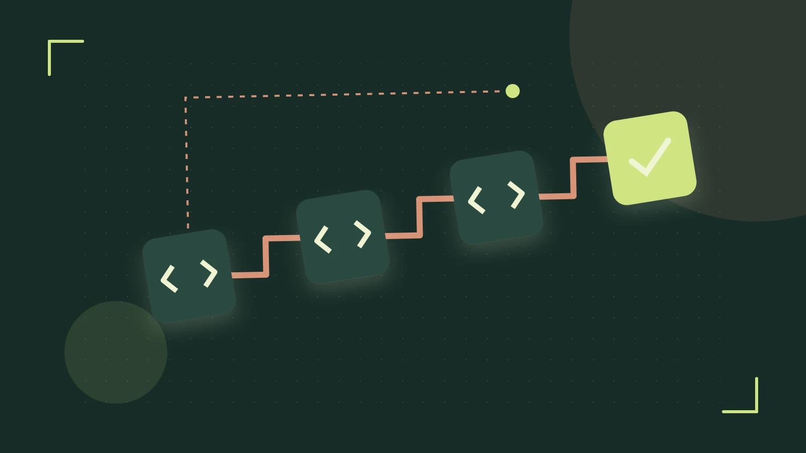Editorial illustration of a branching build pipeline, staged transformations and a completed check