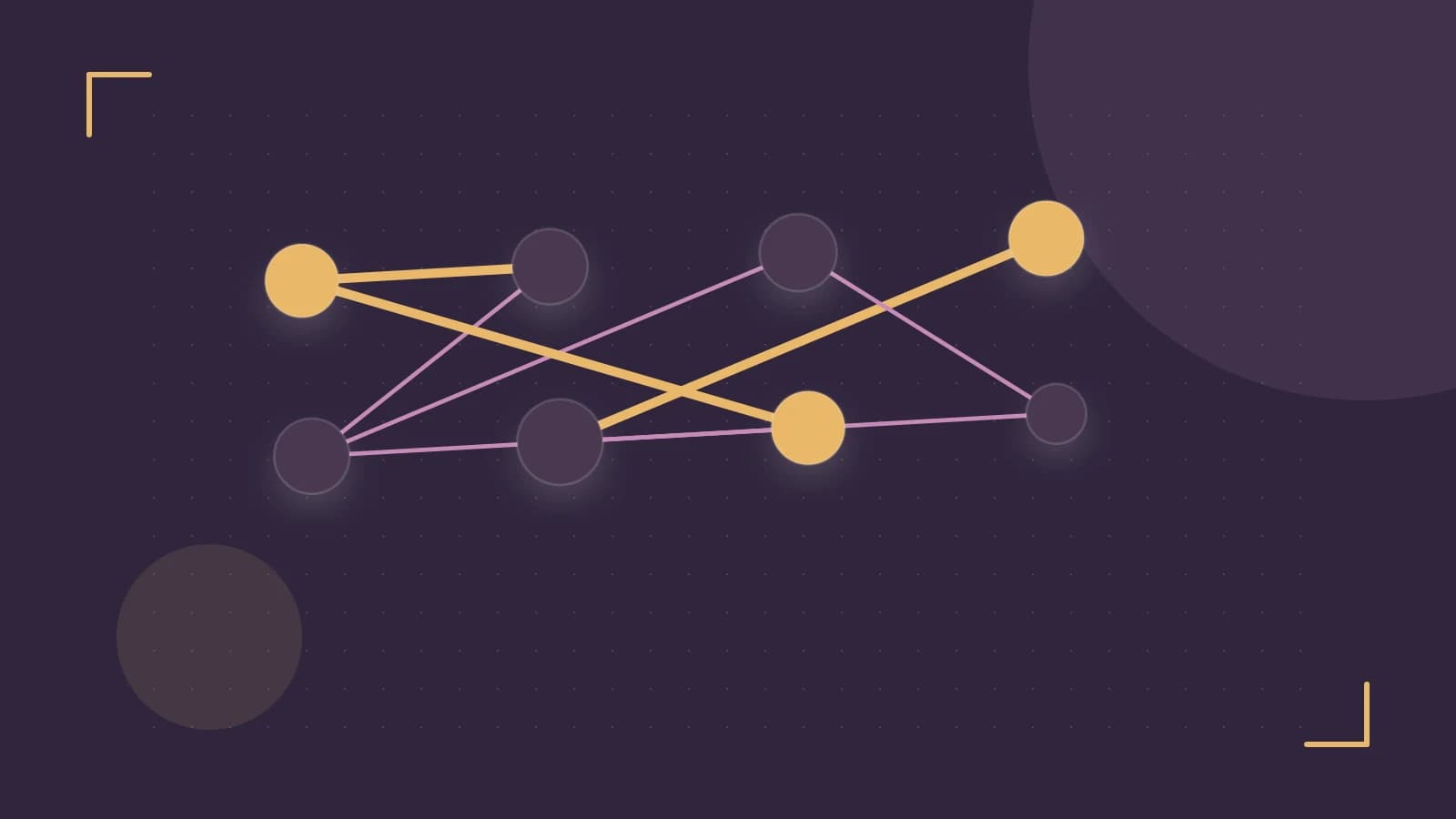 Editorial illustration of an algorithmic node graph with branching paths and a highlighted result