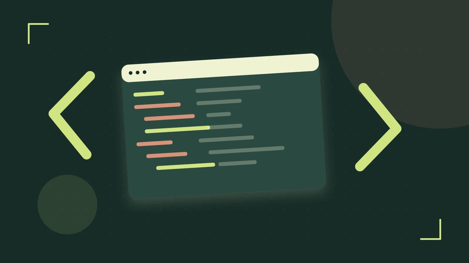 Editorial illustration of an abstract code editor, syntax blocks and oversized programming brackets
