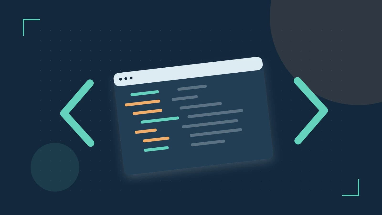 Editorial illustration of an abstract code editor, syntax blocks and oversized programming brackets