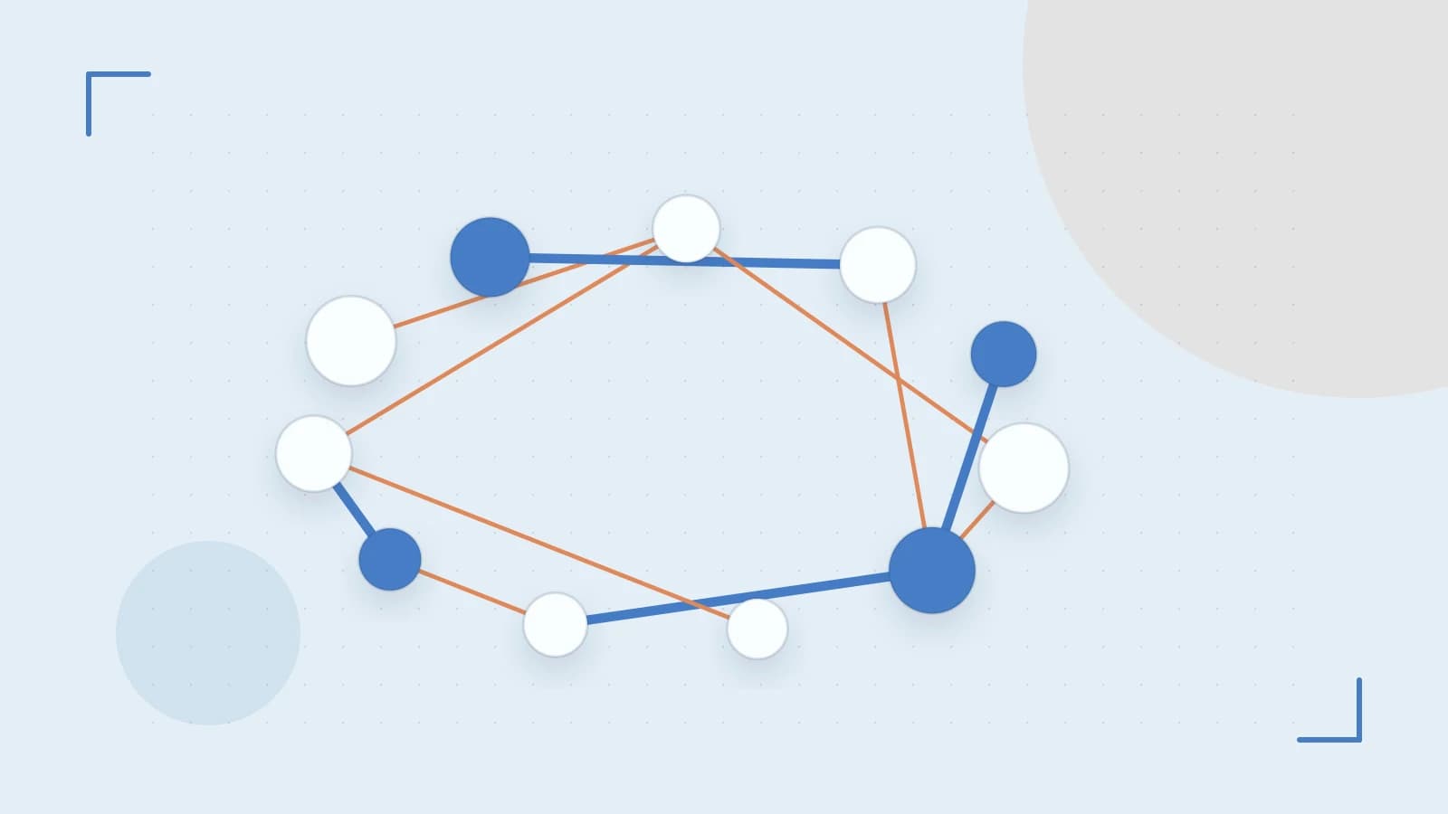 Editorial illustration of an algorithmic node graph with branching paths and a highlighted result