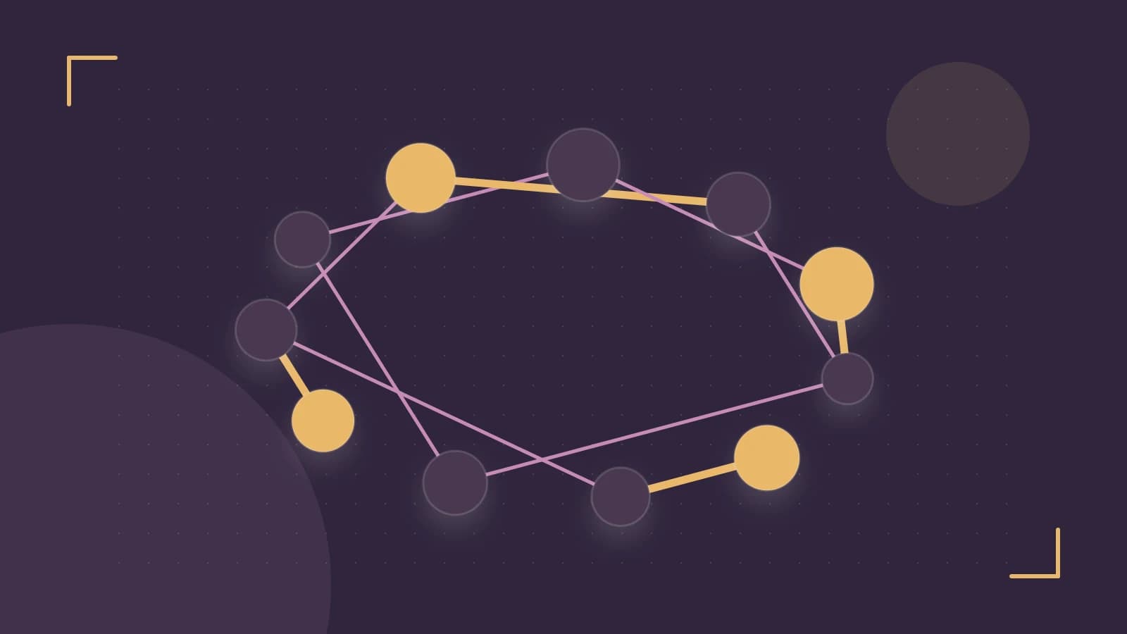 Editorial illustration of an algorithmic node graph with branching paths and a highlighted result