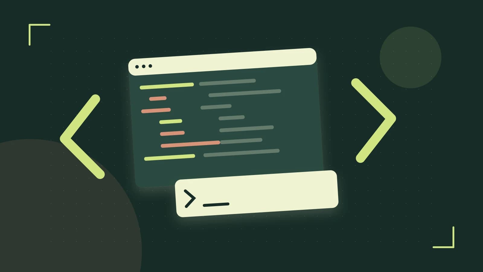 Editorial illustration of an abstract code editor, syntax blocks and oversized programming brackets