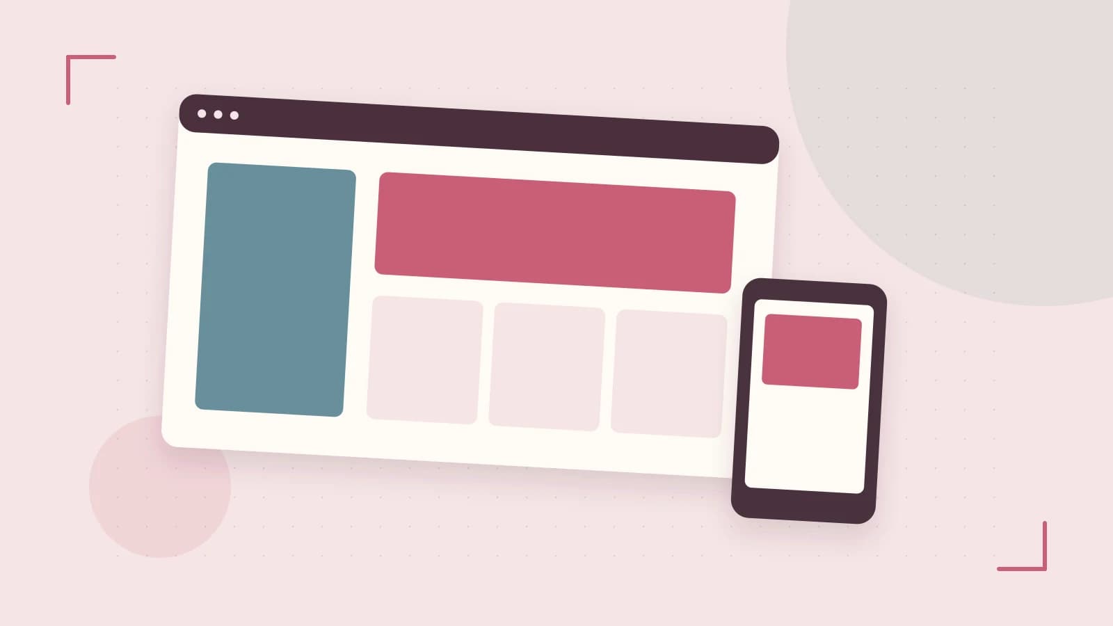 Editorial illustration of responsive browser layouts, overlapping design components and a color system