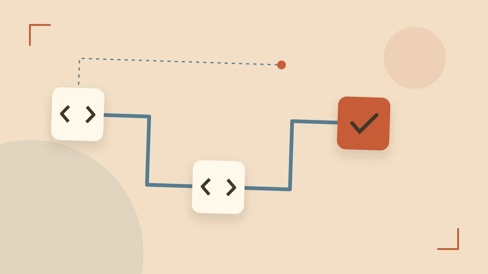 Editorial illustration of a branching build pipeline, staged transformations and a completed check
