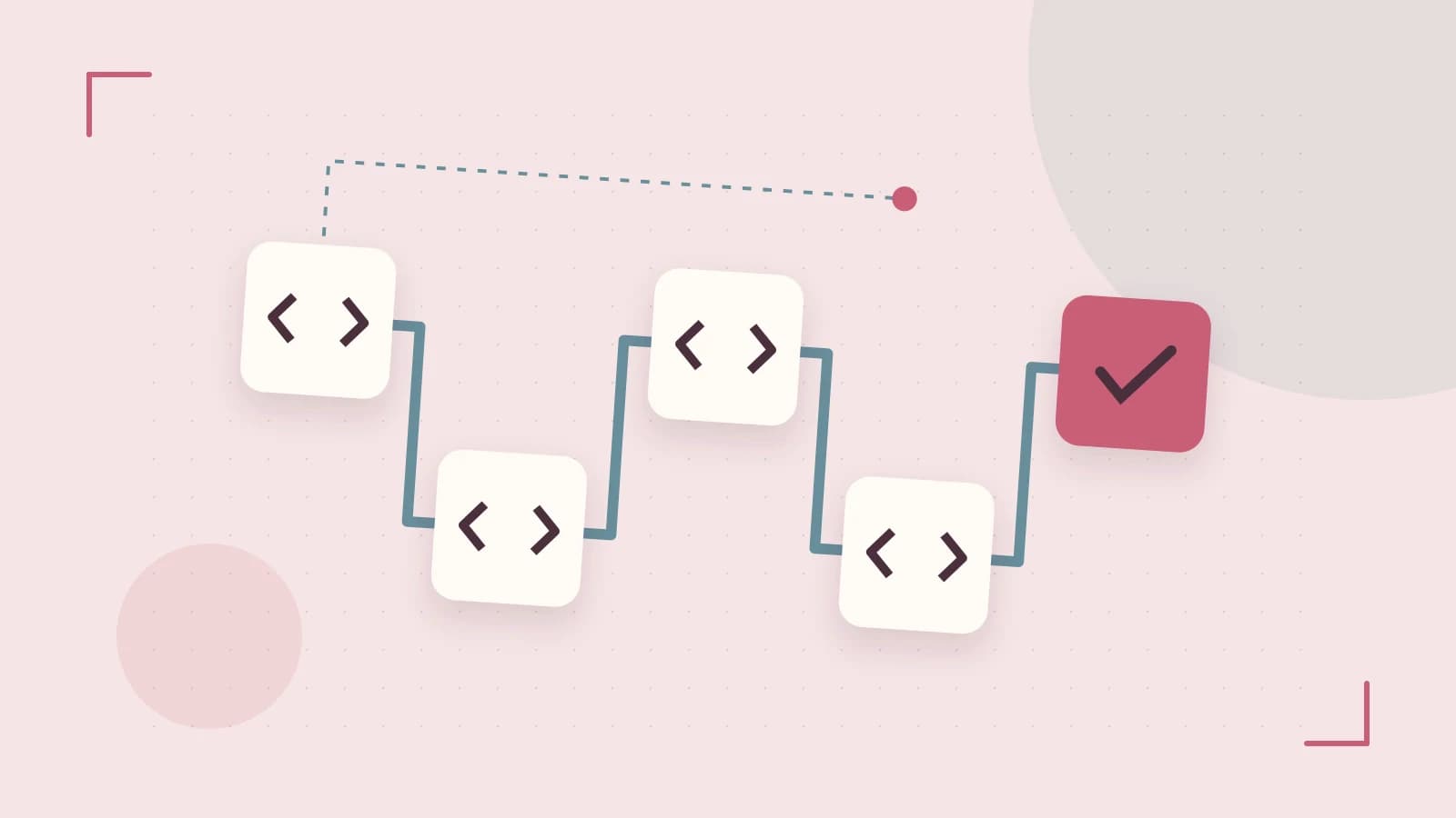 Editorial illustration of a branching build pipeline, staged transformations and a completed check
