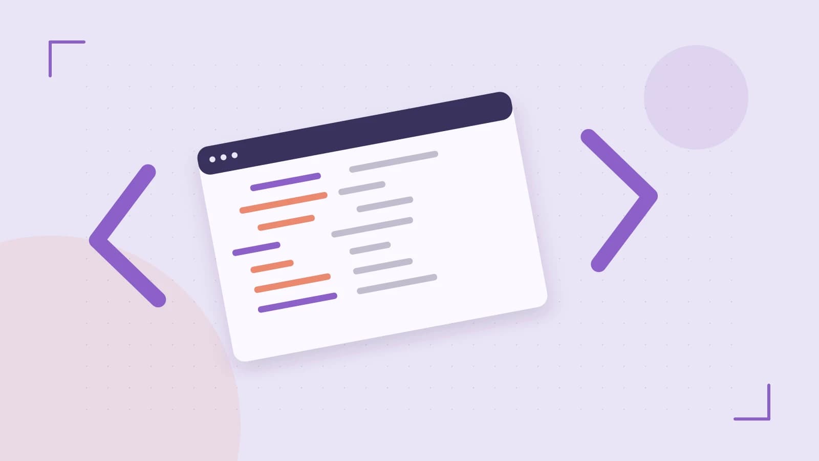 Editorial illustration of an abstract code editor, syntax blocks and oversized programming brackets