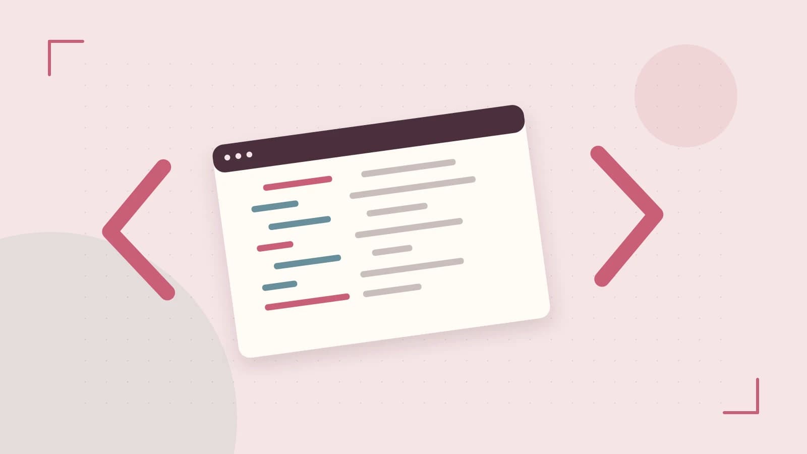 Editorial illustration of an abstract code editor, syntax blocks and oversized programming brackets