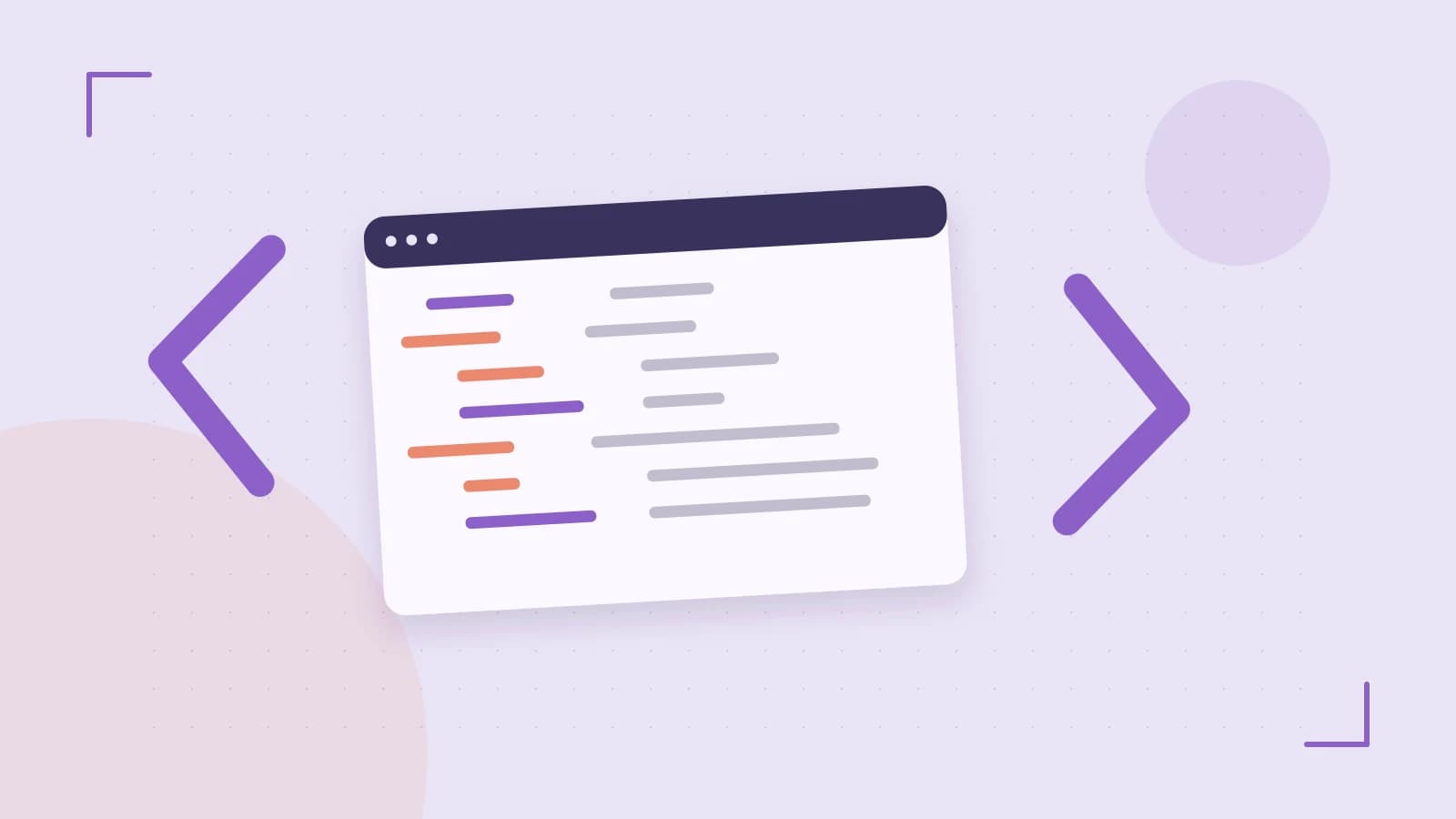 Editorial illustration of an abstract code editor, syntax blocks and oversized programming brackets