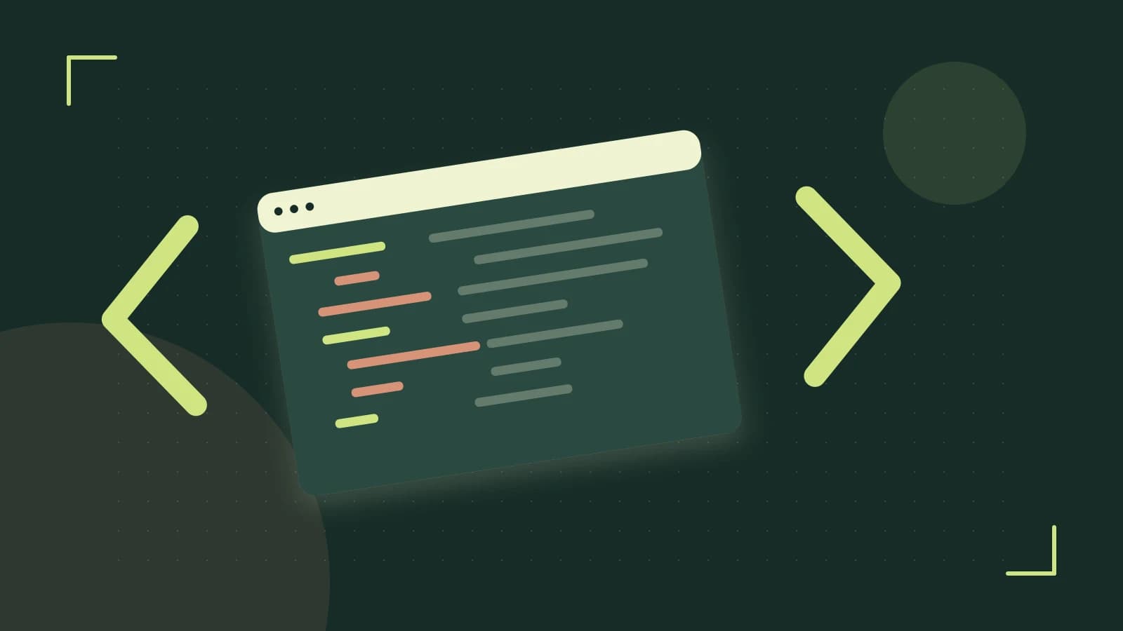 Editorial illustration of an abstract code editor, syntax blocks and oversized programming brackets