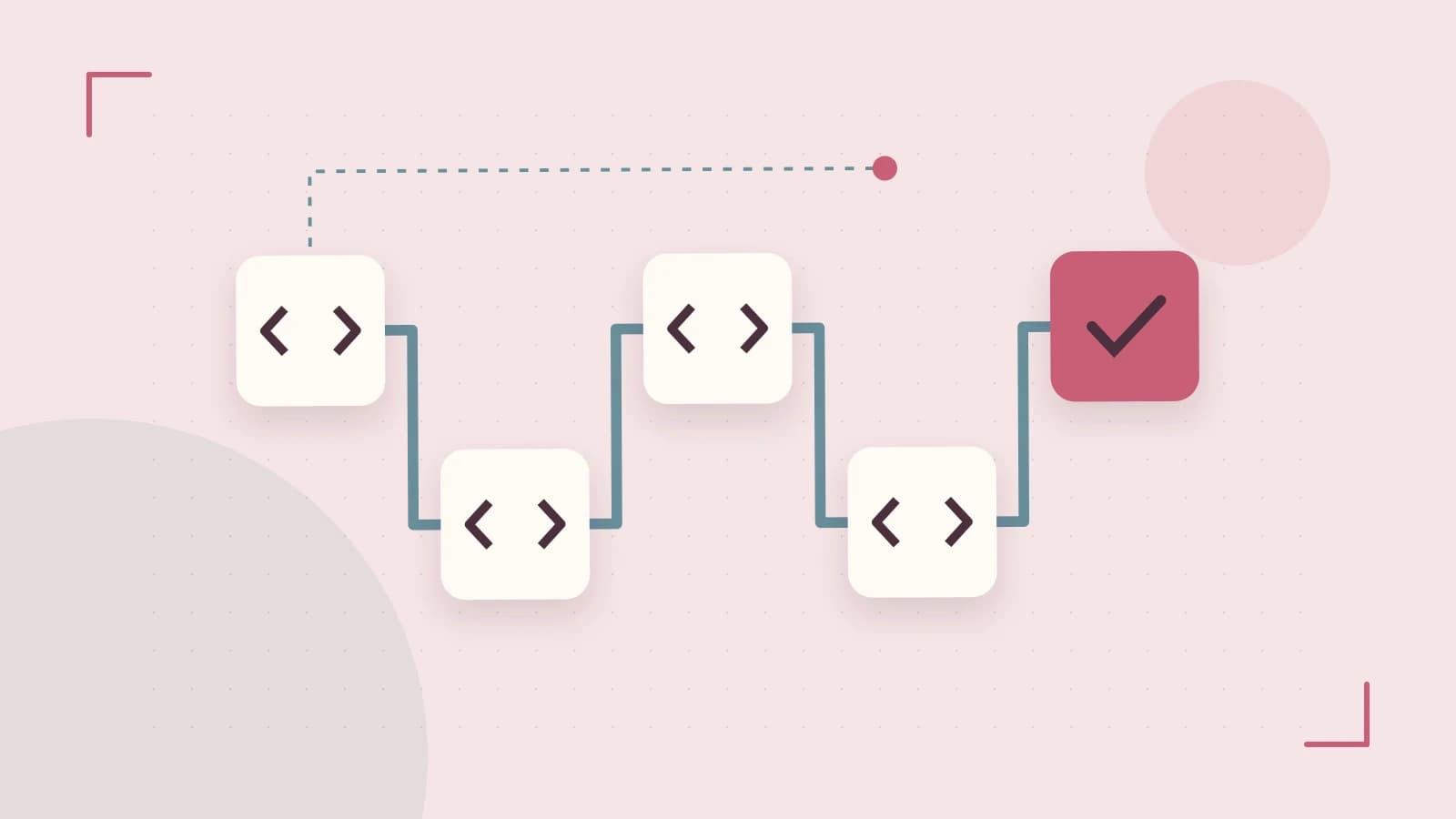 Editorial illustration of a branching build pipeline, staged transformations and a completed check