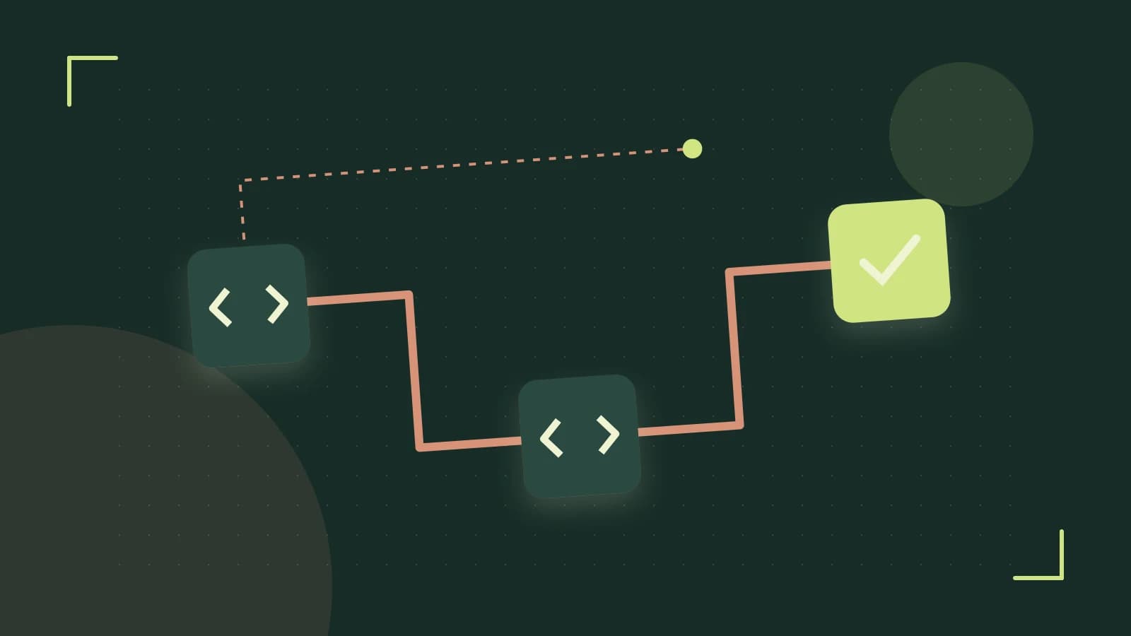 Editorial illustration of a branching build pipeline, staged transformations and a completed check