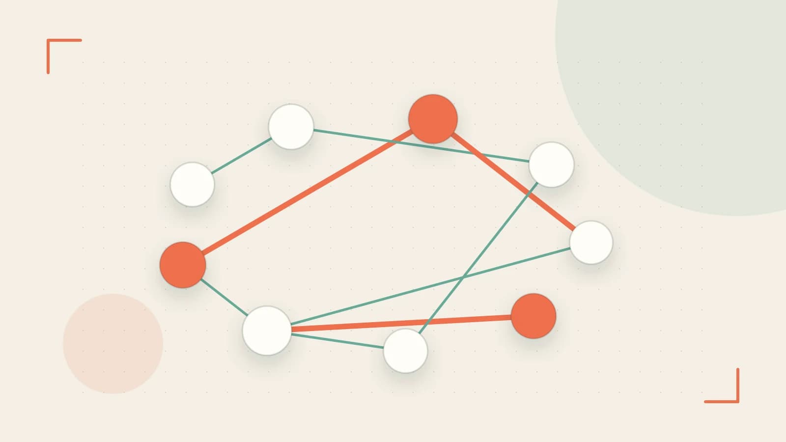 Editorial illustration of an algorithmic node graph with branching paths and a highlighted result