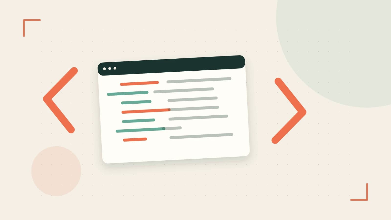 Editorial illustration of an abstract code editor, syntax blocks and oversized programming brackets