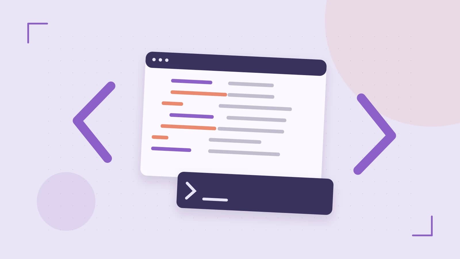 Editorial illustration of an abstract code editor, syntax blocks and oversized programming brackets