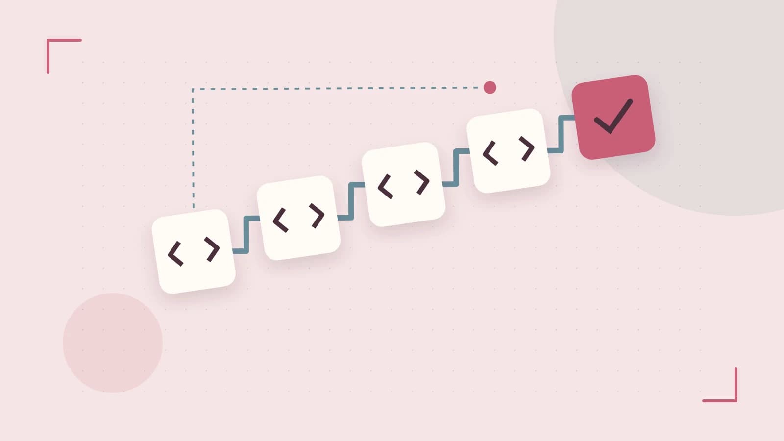 Editorial illustration of a branching build pipeline, staged transformations and a completed check