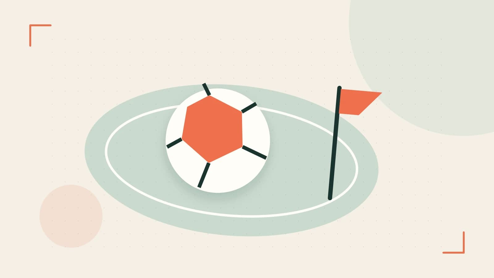Editorial illustration of a stylized sports ball, stadium geometry and dynamic arcs
