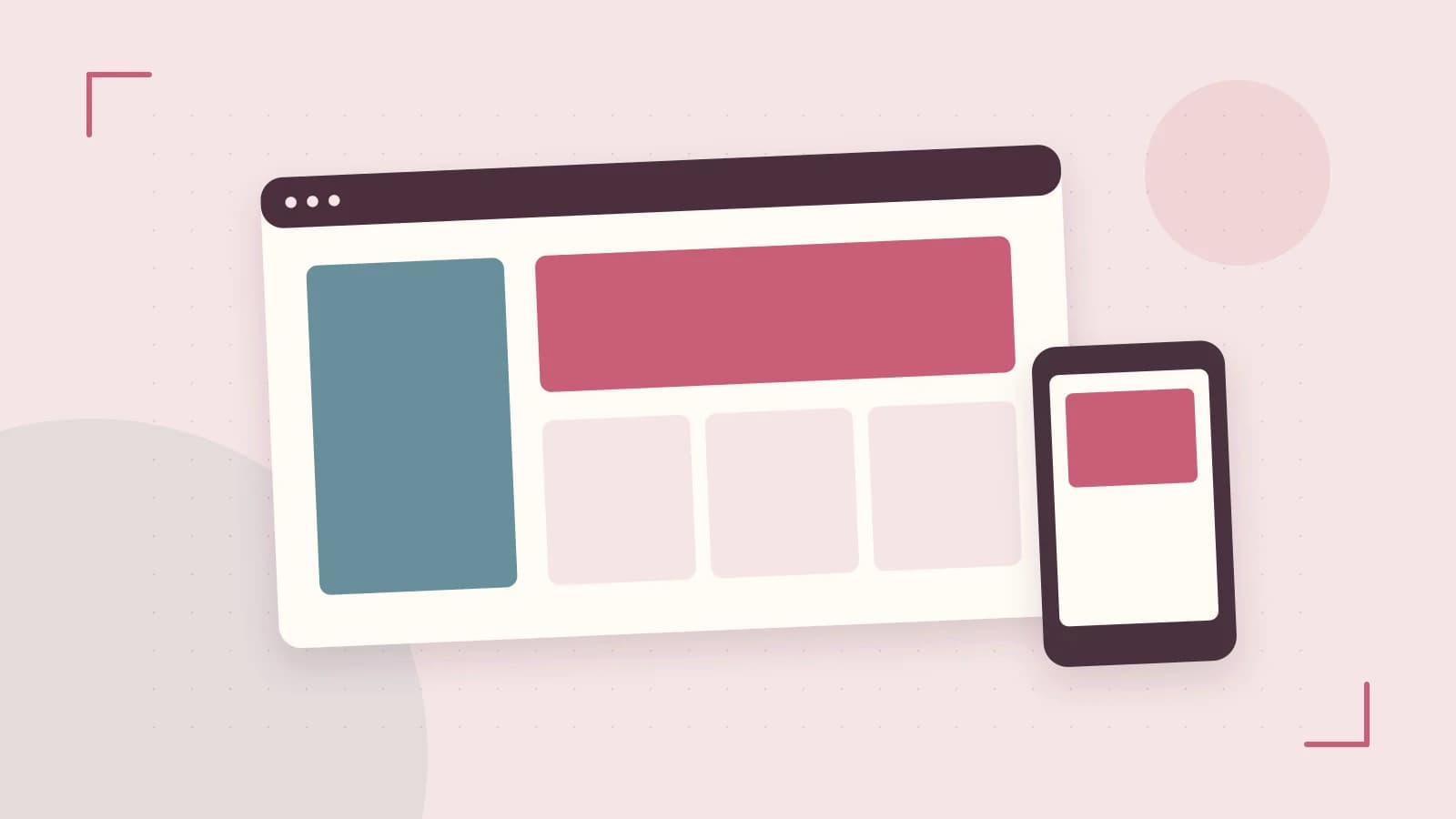Editorial illustration of responsive browser layouts, overlapping design components and a color system