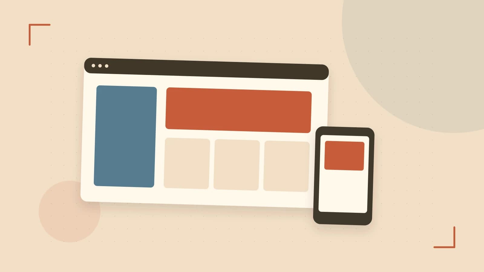 Editorial illustration of responsive browser layouts, overlapping design components and a color system