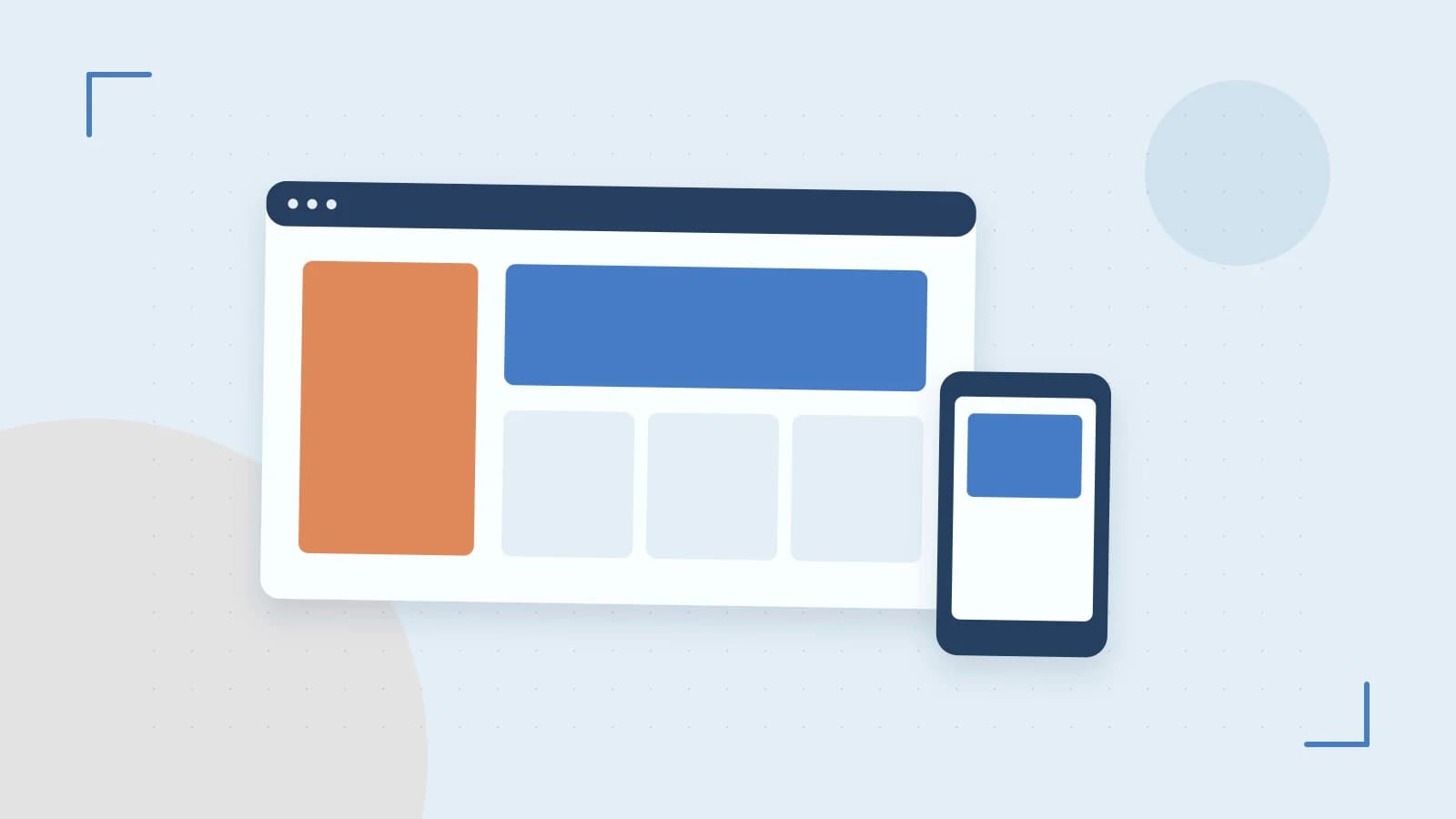 Editorial illustration of responsive browser layouts, overlapping design components and a color system