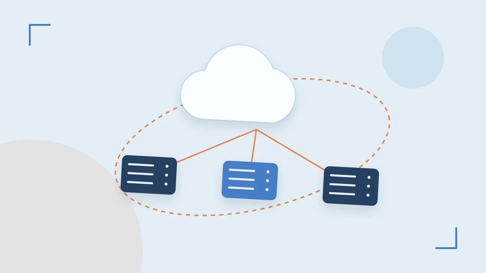 Editorial illustration of cloud infrastructure, connected server racks and an orbital service map