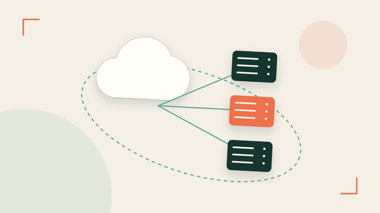 Editorial illustration of cloud infrastructure, connected server racks and an orbital service map