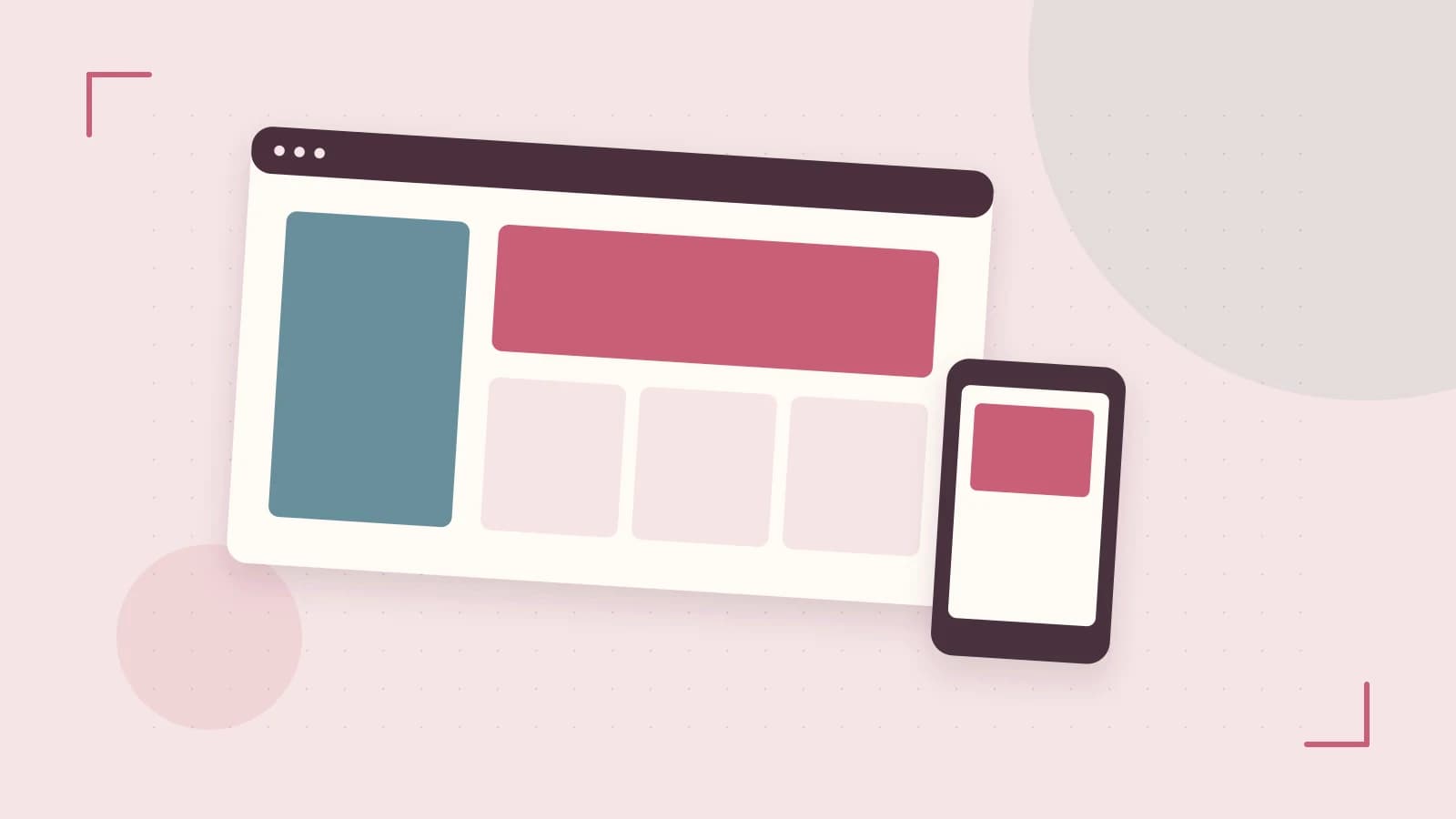 Editorial illustration of responsive browser layouts, overlapping design components and a color system