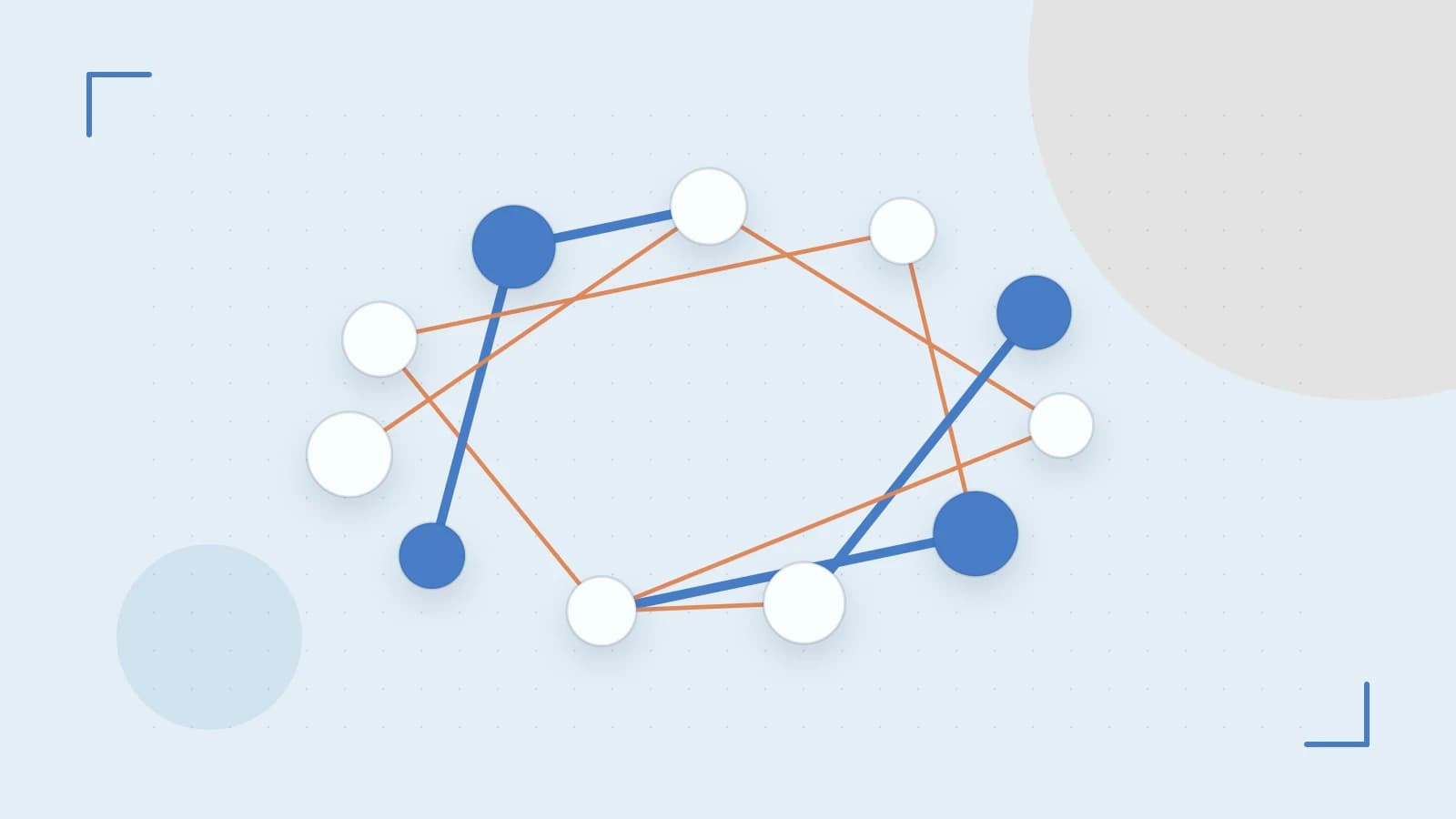 Editorial illustration of an algorithmic node graph with branching paths and a highlighted result