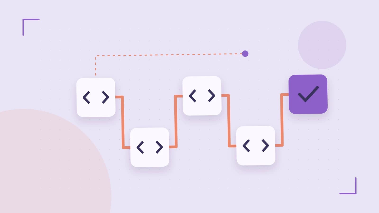 Editorial illustration of a branching build pipeline, staged transformations and a completed check