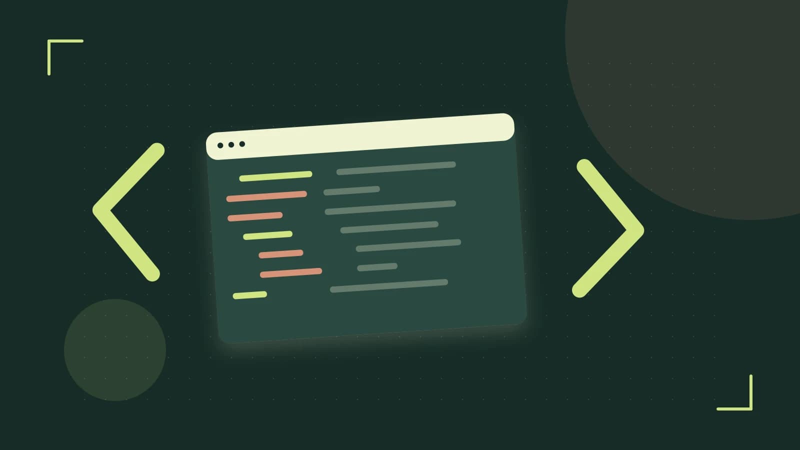 Editorial illustration of an abstract code editor, syntax blocks and oversized programming brackets