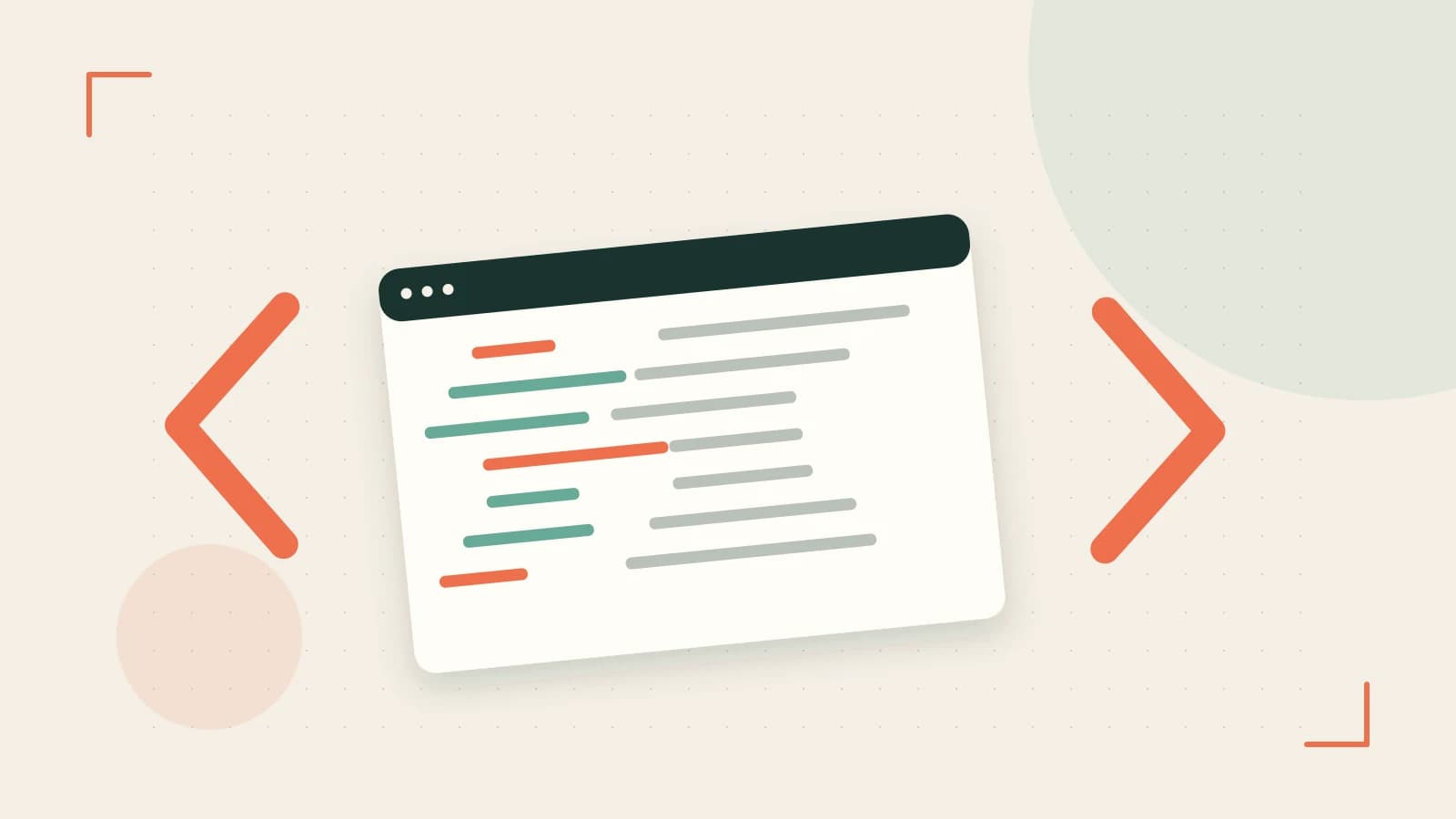 Editorial illustration of an abstract code editor, syntax blocks and oversized programming brackets