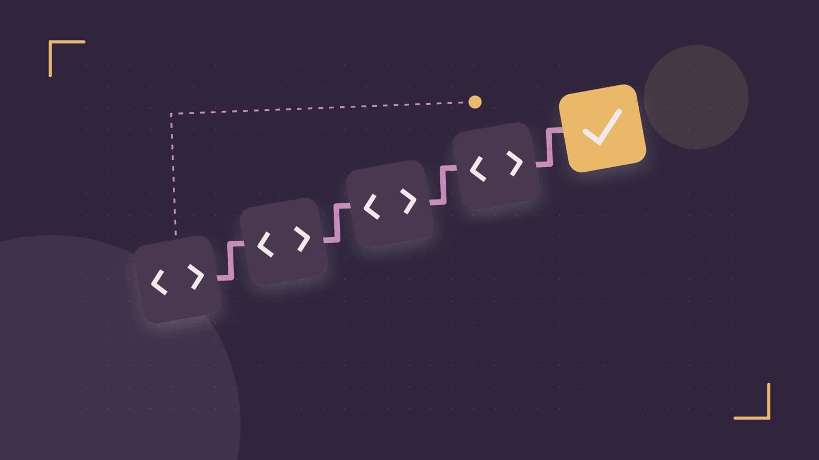 Editorial illustration of a branching build pipeline, staged transformations and a completed check