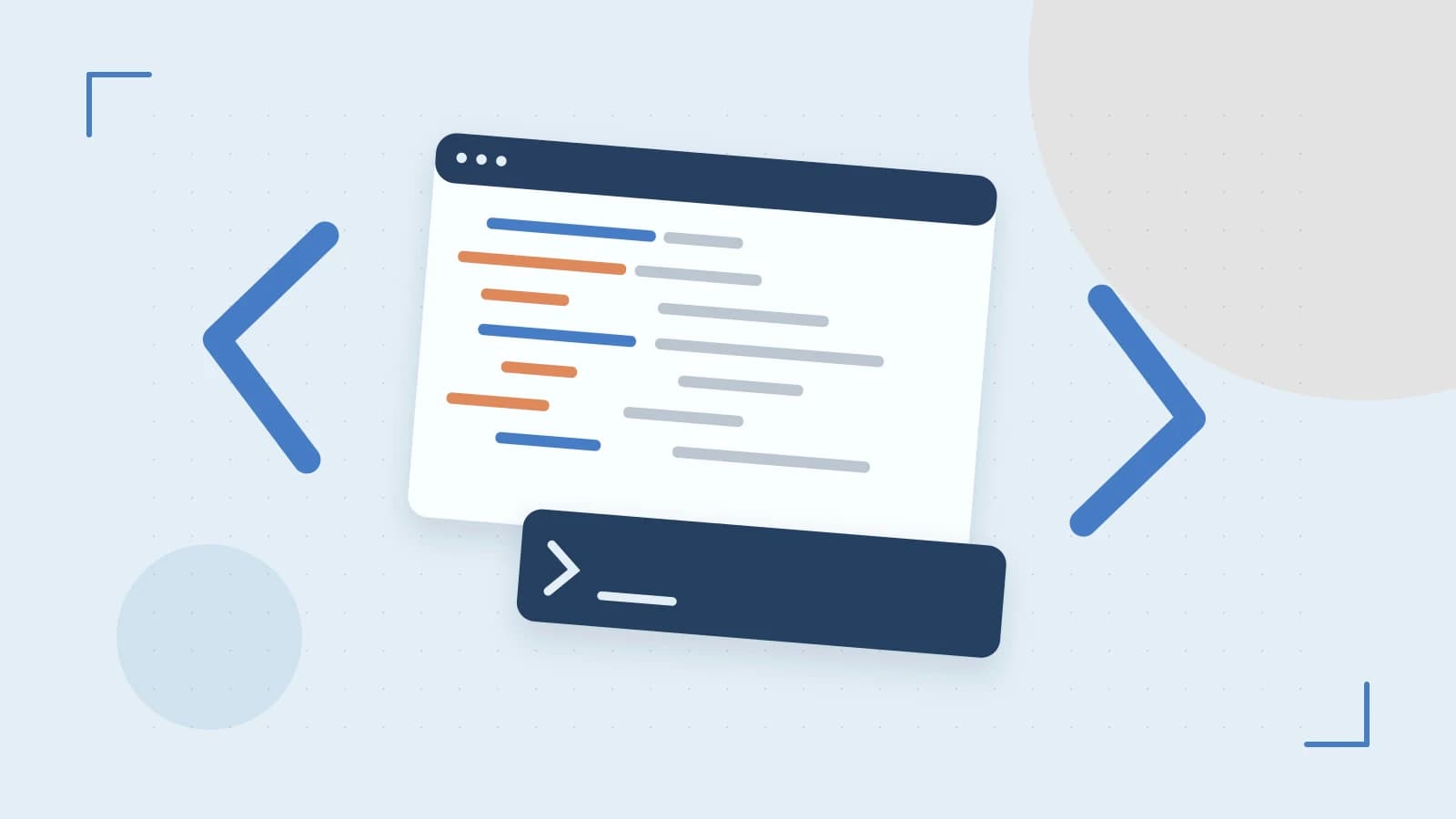 Editorial illustration of an abstract code editor, syntax blocks and oversized programming brackets